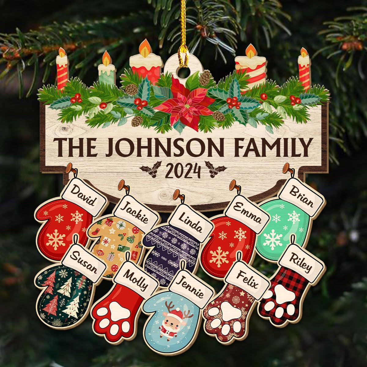 Family with Pet Ver 2 - Personalized Custom Wood Ornament, Family Gloves Christmas Ornament 2024, Xmas Ornament Gifts for Family Tree Decoration (A06, 3 Names)