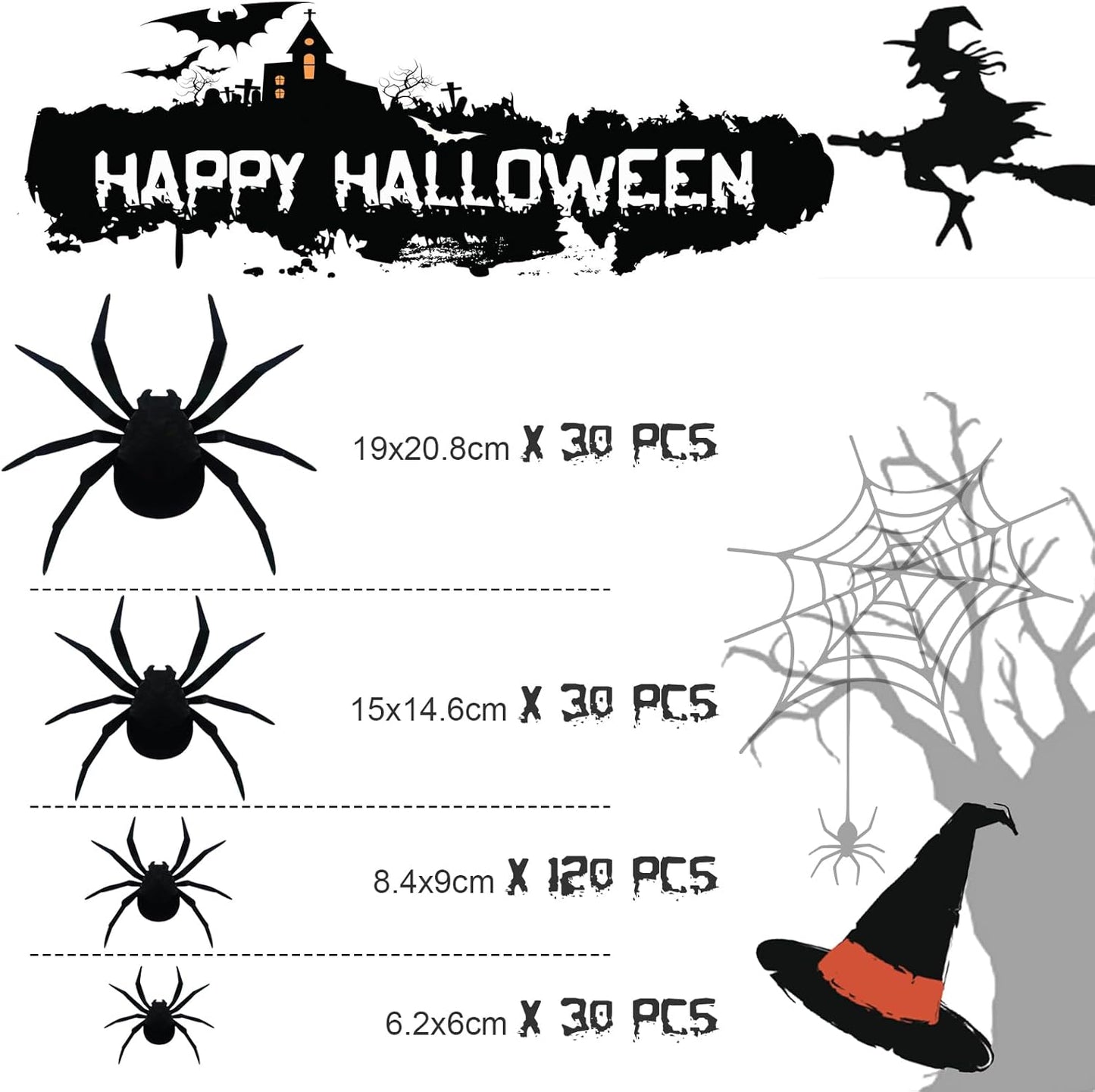 210 Pcs Halloween Spider Decorations Indoor, 4 Sizes 3D Plastic Spider Stickers Halloween Party Supplies Decorations for Home Wall Stickers Decor - Indoor Outdoor Room Window Décor