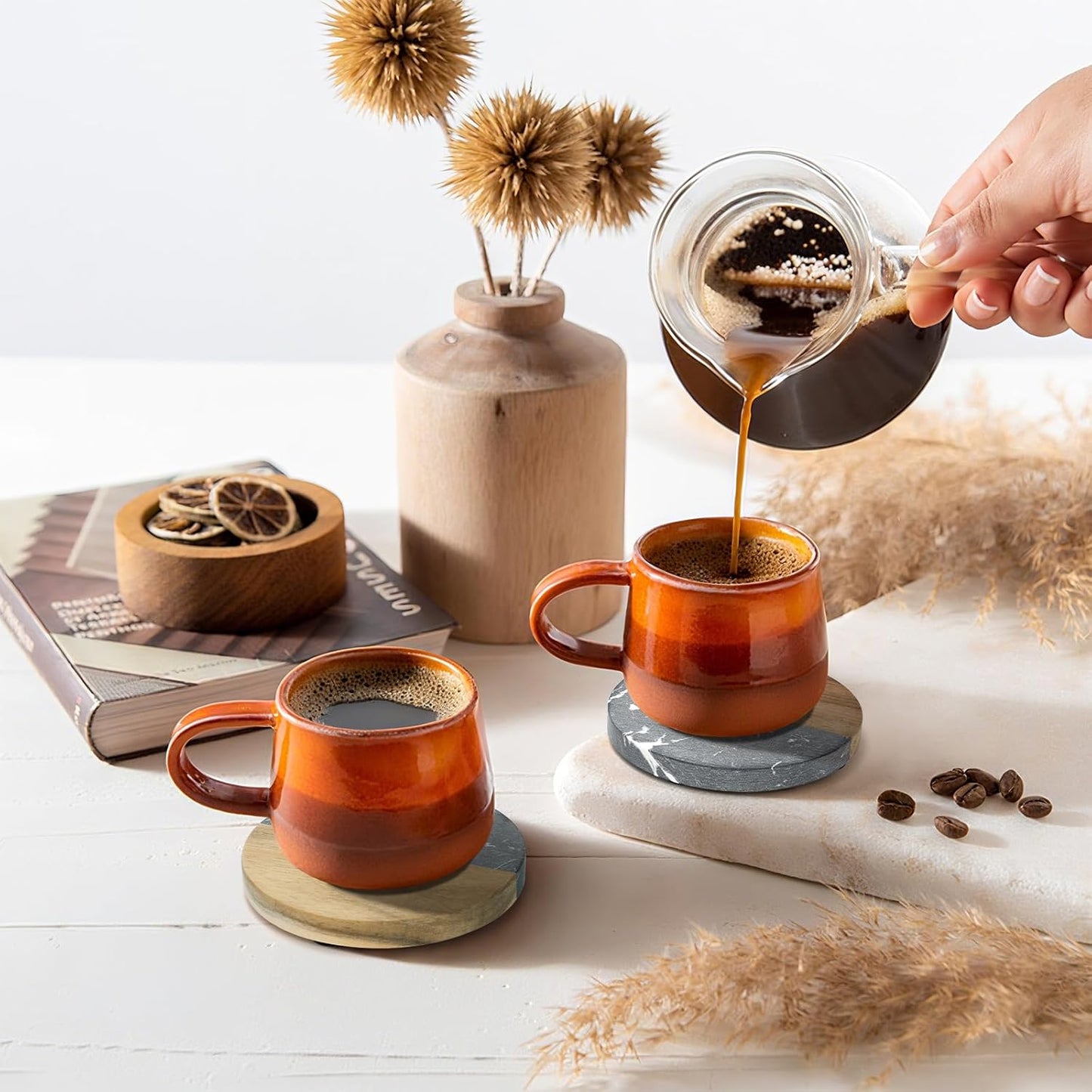 ZENFUN 6 Pc Black Marble Wood Coasters, Round Coaster, Handcrafted Artificial Marble Coasters Set for Your Drinks and Beverages, Tea, Coffee, Wine/Bar Glasses, Tabletop Protection Helper