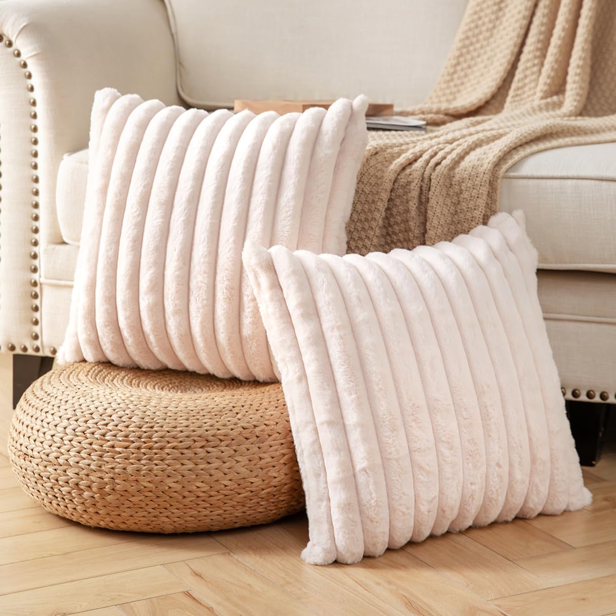 DEELAND Pack of 2,Double-Sided Faux Fur Plush Decorative Throw Pillow Covers Fuzzy Striped Soft Pillowcase Cushion Covers for Sofa Couch Bedroom Beige 16x16 inch