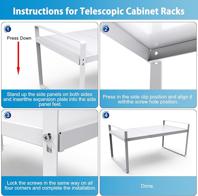 11'' Wide Expandable Cabinet Shelf Organizer Rack Adjustable Length 14''-26'' Pantry Shelf Spice Rack Heavy Duty Nonslip Kitchen Counter Storage Shelves Pantry Cupboard Under Sink Countertop White