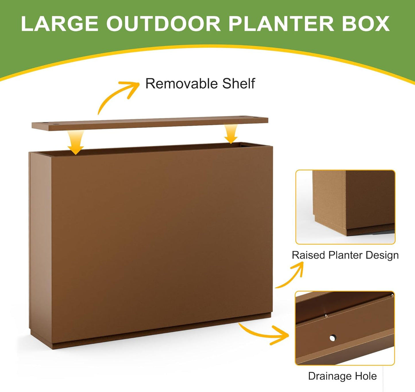 FENCY Metal Rectangular Planter Box for Outdoor - Large Planters with Drainage Holes (35.4" L x 9" W x 25.6" H, Brown)