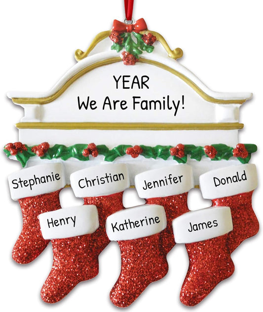3D White Mantle Family of 7 Christmas Ornament 2025 Personalized Family Christmas Ornaments 2025 | Garland Fireplace Personalized Tree Ornaments Customizable Gifts Red Stockings of Seven Ornament