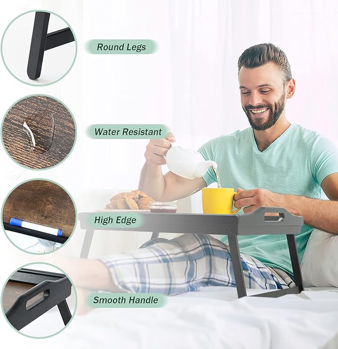 2 Pack Bed Tray Table Breakfast Trays Serving Tray Bamboo Bed Laptap Floding Legs with Handles and Phone Holders