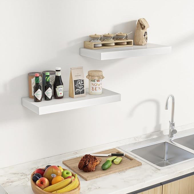 Fun Memories 24 Inch Floating Shelves Wall Mounted, 10 Inch Deep Wall Shelves, 24 x 10 Floating Shelf for Living Room Bathroom Bedroom, White, Set of 2
