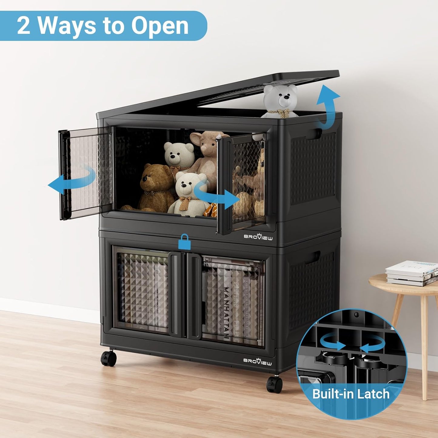 500Qt Stackable Storage Bins with Lids, 125Gal Closet Organizers and Storage Drawer, Plastic Collapsible Storage Bins with Doors, Heavy Duty Store Box Cabinet for Home Kitchen, 5Pack Black