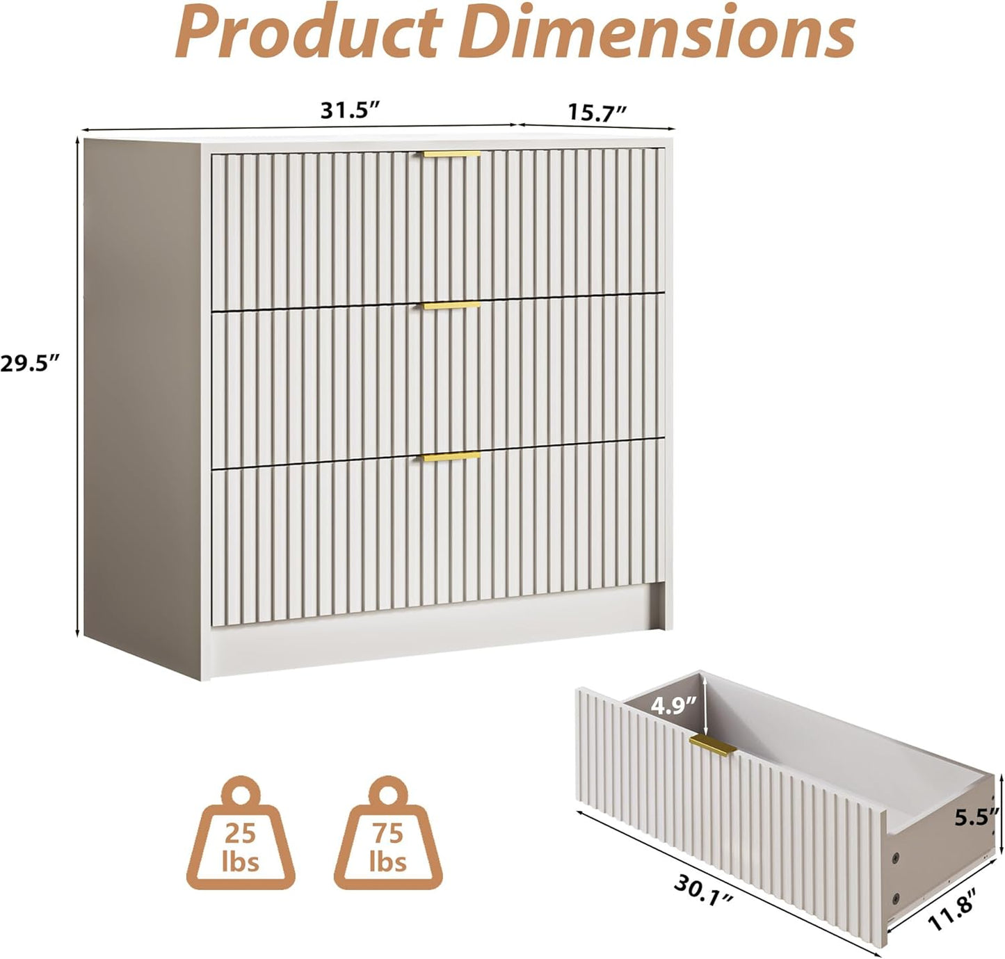 White Fluted Dresser for Bedroom, 32 Inch Wide Nightstand with Large Drawer, 3 Drawer End Table for Bedroom, Living Rooms, Offices, and Entryways