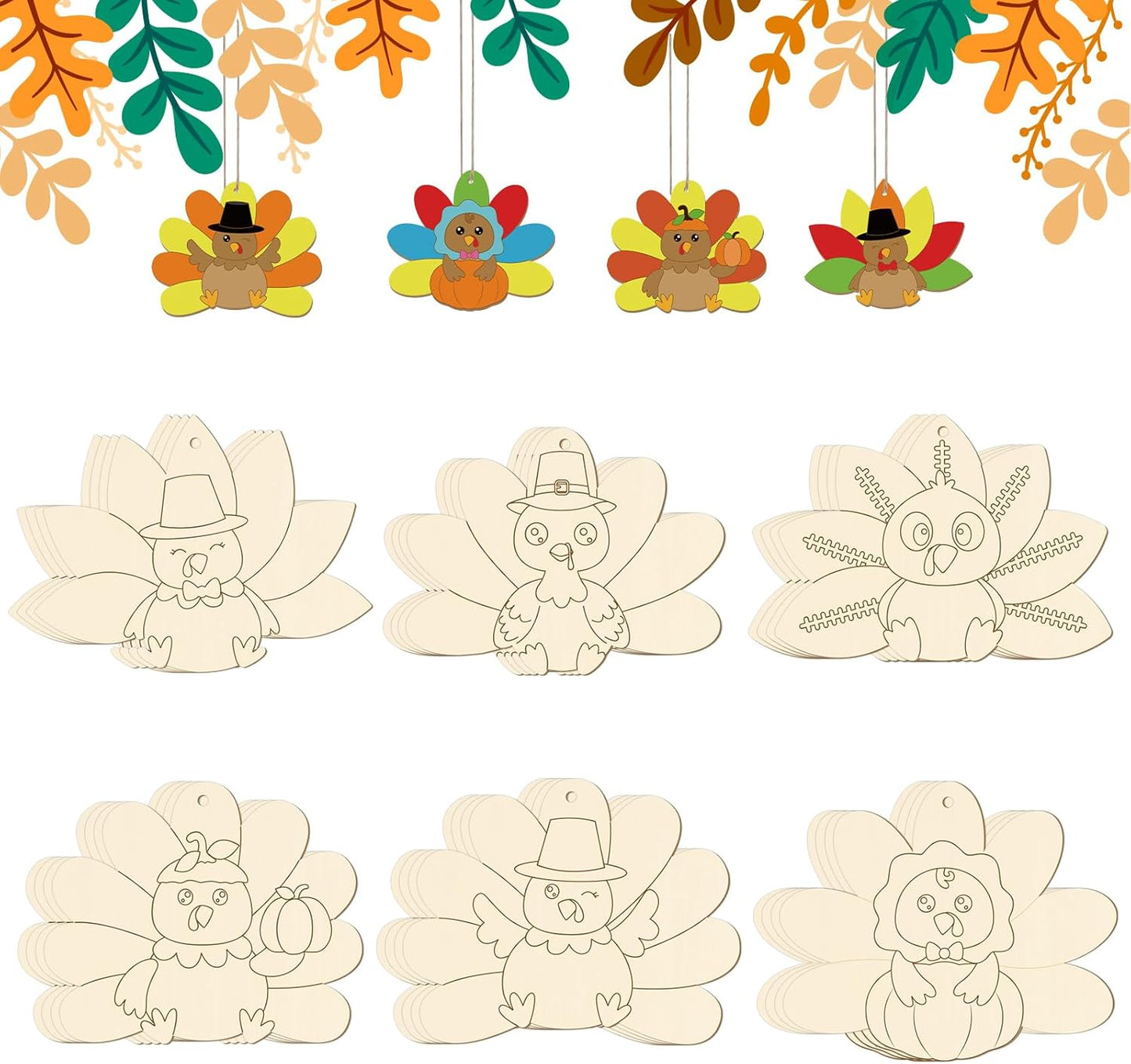 24 PCS Unfinished Wooden Thanksgiving Crafts, Turkey Shaped Hanging Ornaments DIY Wood Craft Cutouts for Thanksgiving Party Decor (Turkey)