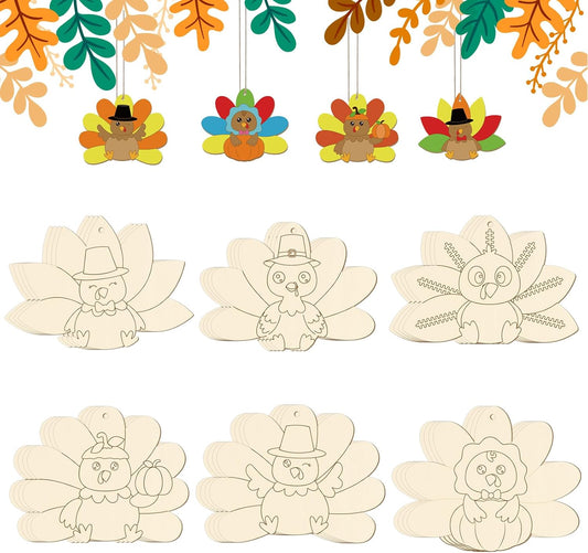 24 PCS Unfinished Wooden Thanksgiving Crafts, Turkey Shaped Hanging Ornaments DIY Wood Craft Cutouts for Thanksgiving Party Decor (Turkey)