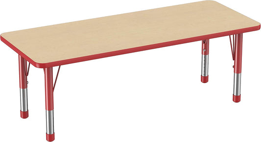 FDP Rectangle Activity School and Classroom Kids Table (24 x 60 inch), Chunky Toddler Legs, Adjustable Height 15-24 inches - Maple Top and Red Edge