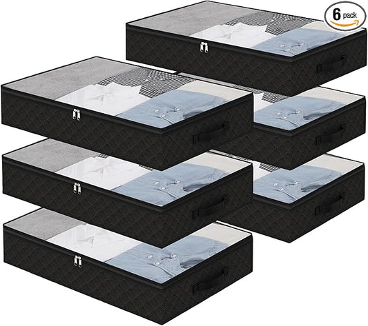 Fixwal Black Underbed Storage Bags with Clear Window and 2 Reinforced Handles Under Bed Storage Containers for Clothing, Bedding, Comforter (6 Pack)