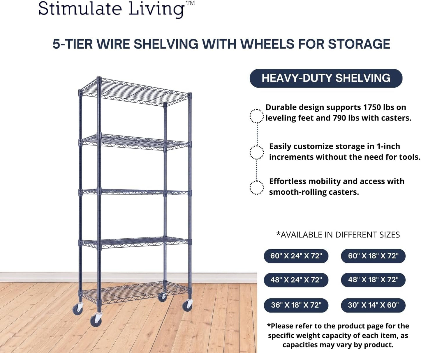 30"x14"x60" PRIME HEAVY DUTY Black 5-Tier Wire Shelving 1,750 LBS MAX Capacity Storage Rack for Commercial, School, Home, Garage, Warehouse, Industrial, and Hospital Uses (with Wheels)
