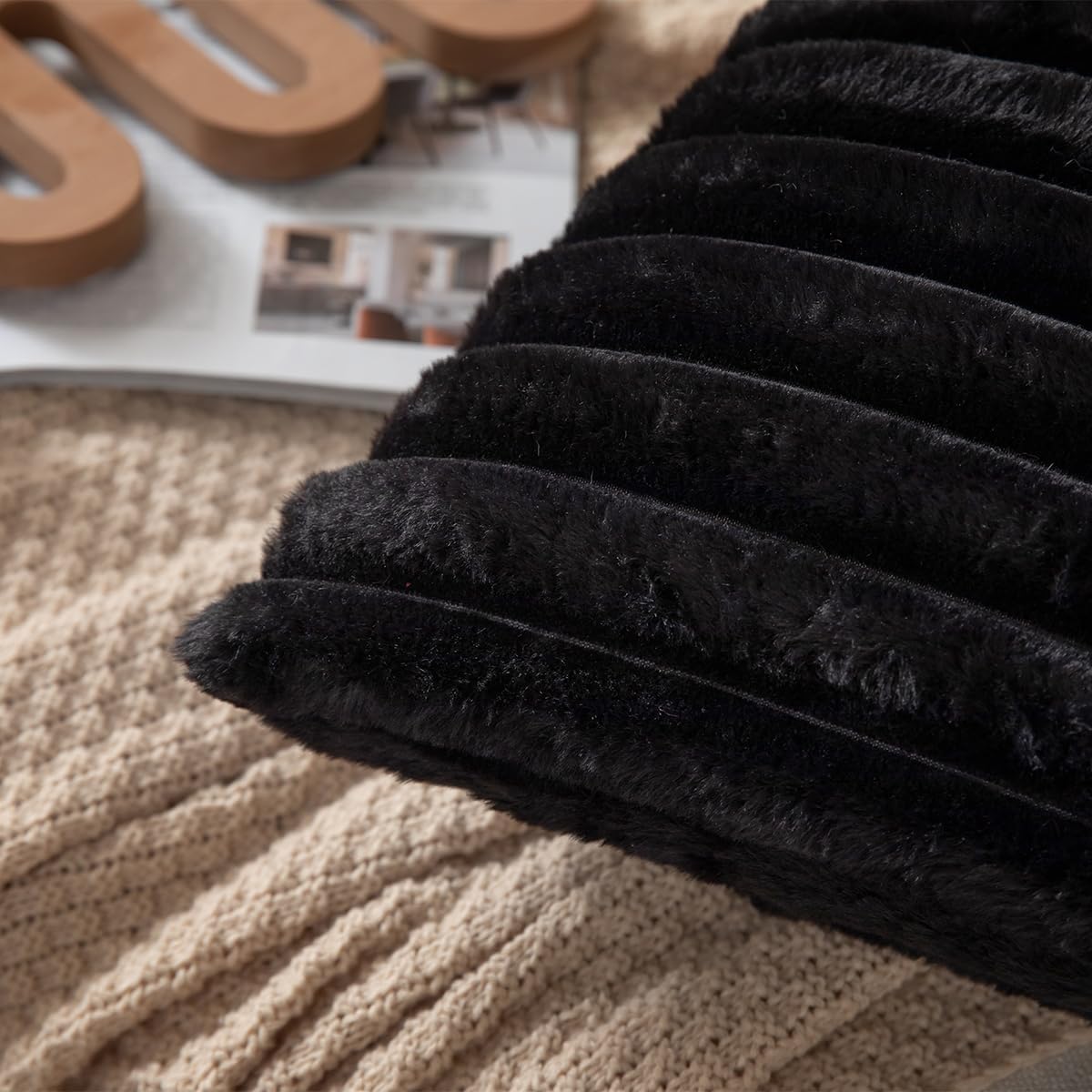 DEELAND Pack of 2,Double-Sided Faux Fur Plush Decorative Throw Pillow Covers Fuzzy Striped Soft Pillowcase Cushion Covers for Sofa Couch Bedroom Black 12x20 inch