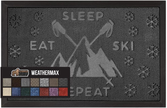 GORILLA GRIP 100% Waterproof All-Season WeatherMax Doormat 35x23, US Designed Natural Rubber, Stain and Fade Resistant, Low Profile Indoor Outdoor Door Mats, Easy Clean Patio Mat, Graphite Skiing