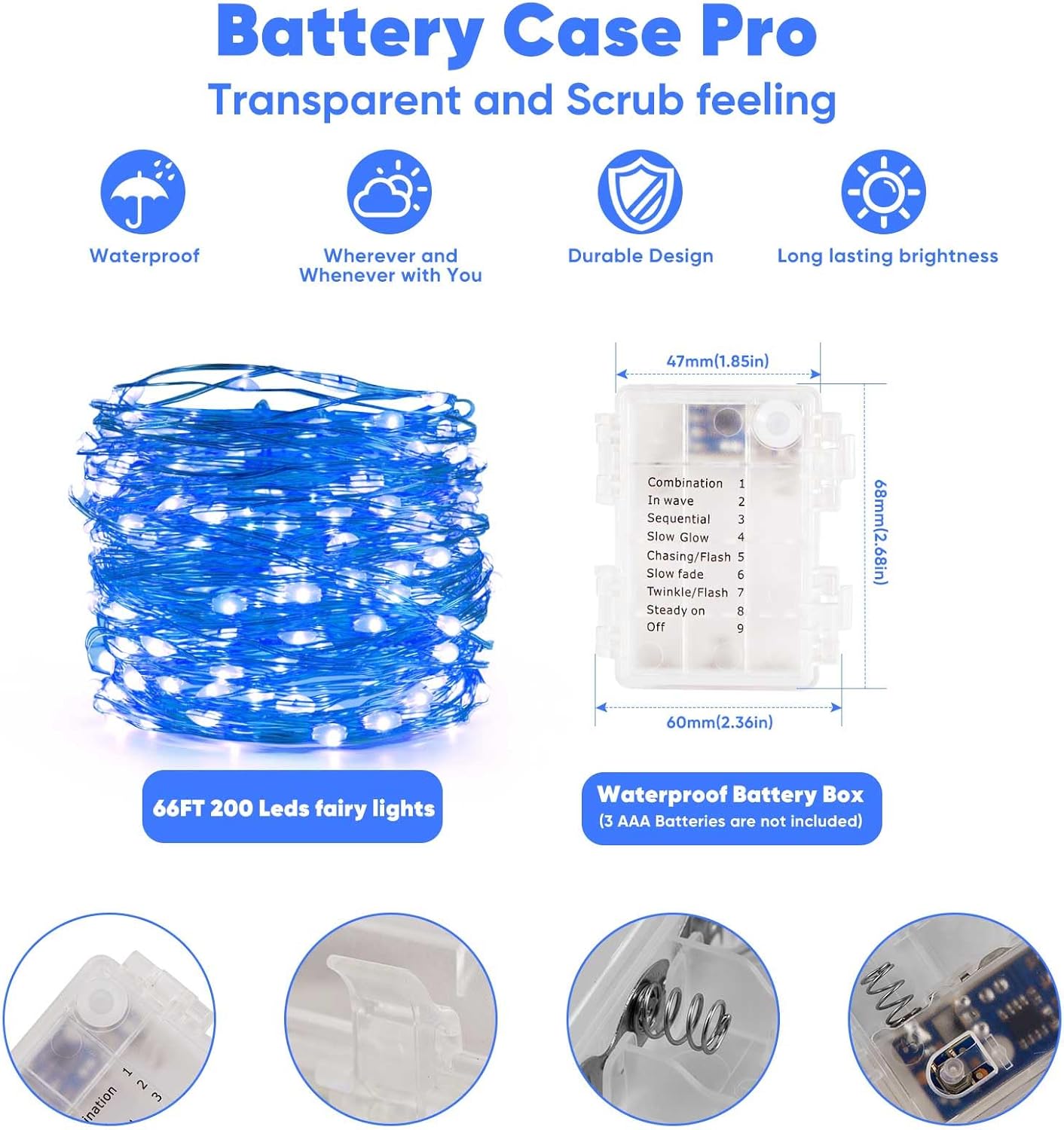 2 Pack 65.6 Ft. Battery Operated Outdoor String Lights with Remote & Timer, LED Blue Fairy Lights, Waterproof Twinkle Lights for Bedroom, Dorm, Mason Jar, Wedding, Party, Christmas