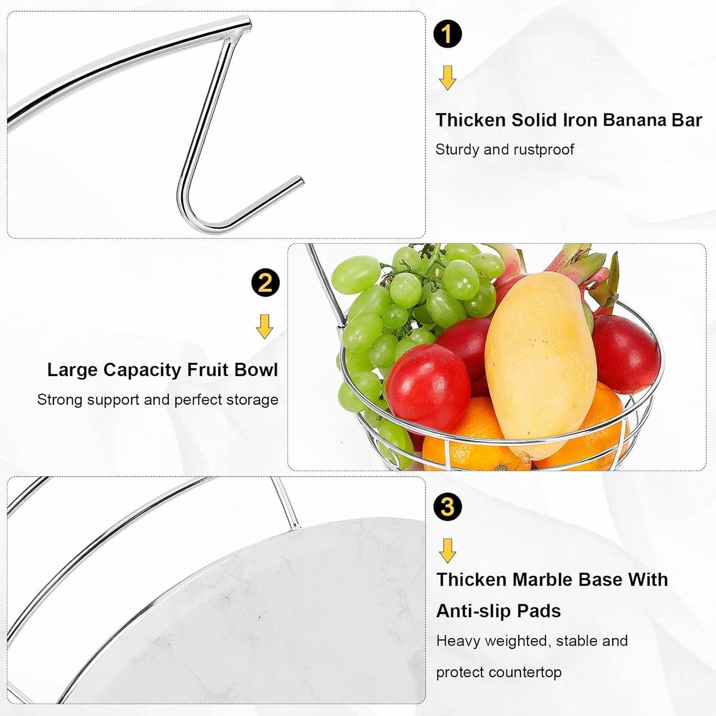 Livabber Countertop Fruit Basket Bowl with Banana Hanger, Modern Standing Fruit Vegetable Bowl Storage, with Banana Tree Holder for Kitchen Dinning Table (Round Marble, Chrome)