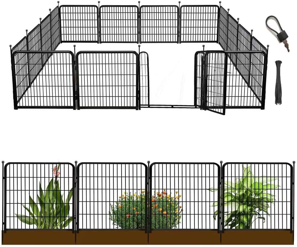 Garden Fence with Gate 36 in(H)×27 in(L) 14 Panels Total 31 Ft(L), Garden Fences and Borders for Dogs, Animal Barrier Fence, Black Metal Decorative Garden Fencing