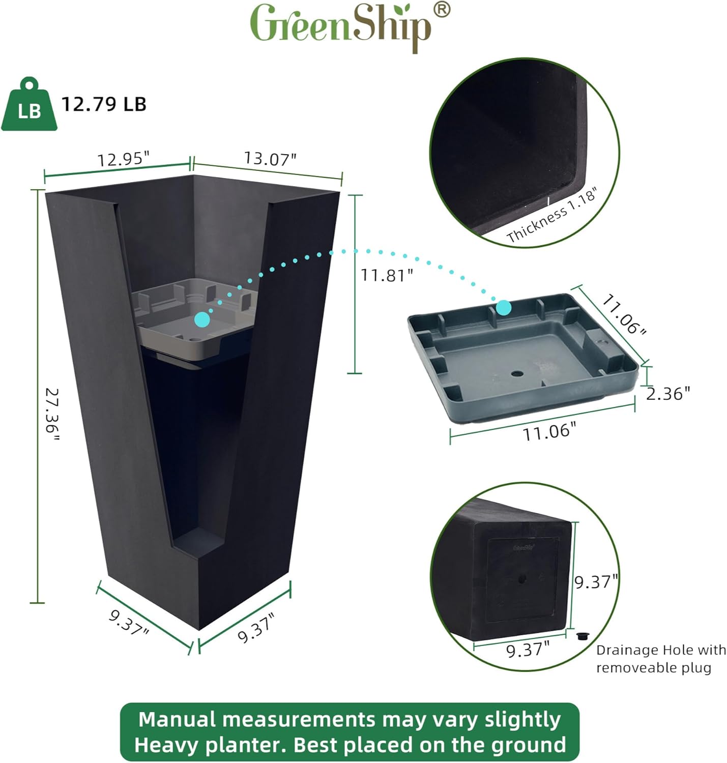 GreenShip 27" Tall Planters, Set of 2 – Black Outdoor Planter for Front Porch & Tall Plants, Weather-Resistant, with Drainage Hole & Rubber Plug (No Plants Included) (Black-2pcs)