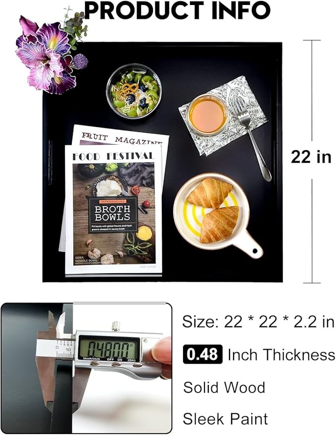 22 Inches Square Wood Ottoman Tray Black, Extra Large Wooden Serving Tray with Handles for Living Room, Serving Food Breakfast, Ottoman Coffee Table Couch Sofa Kitchen