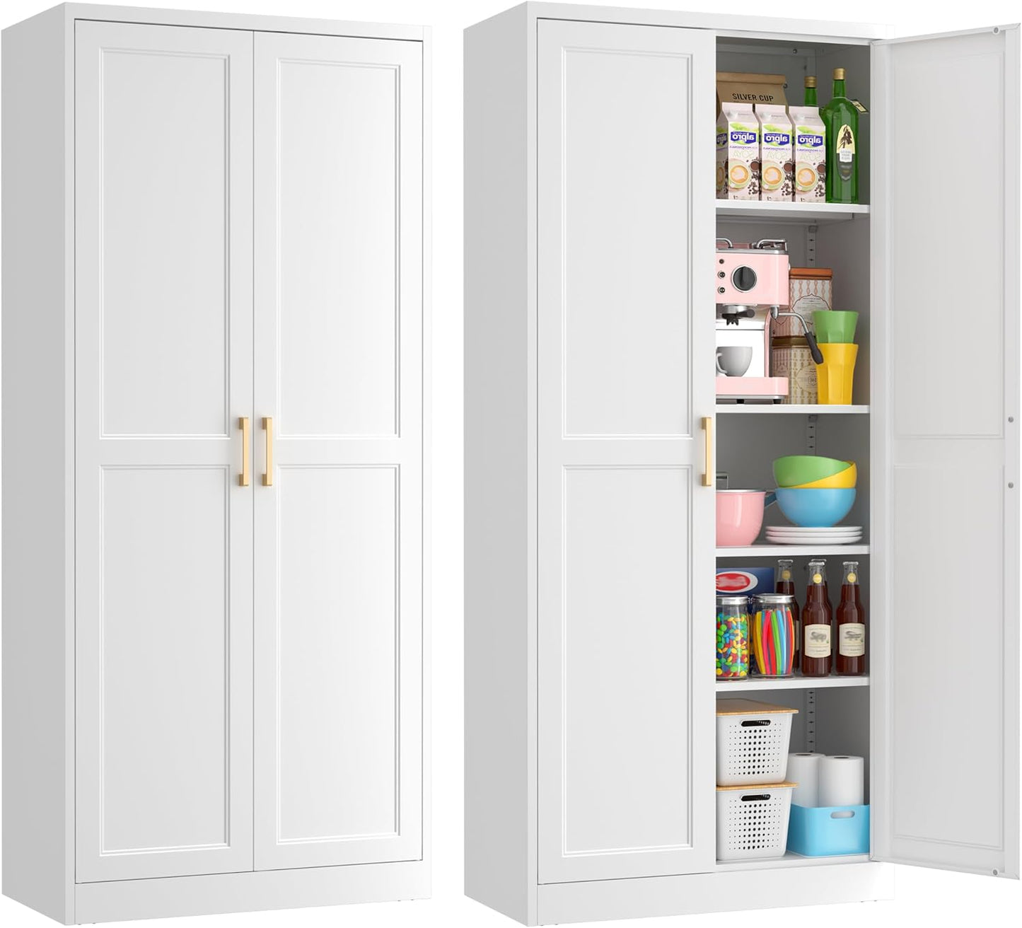 71" Tall Metal Pantry Cabinet, White Kitchen Pantry Storage Cabinet with 4 Adjustable Shelves and Gold Handles, Cupboard for Kitchen, Dining Room, Living Room, Bathroom