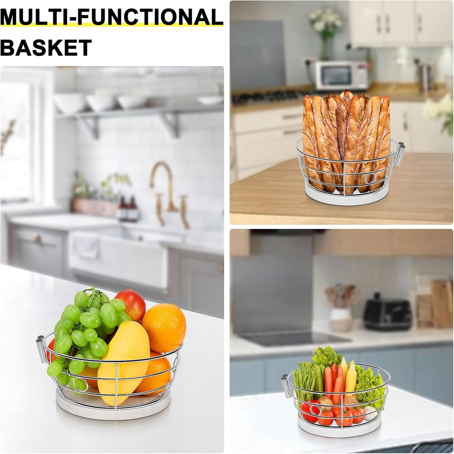 Livabber Countertop Fruit Basket Bowl with Banana Hanger, Modern Standing Fruit Vegetable Bowl Storage, with Banana Tree Holder for Kitchen Dinning Table (Round Marble, Chrome)