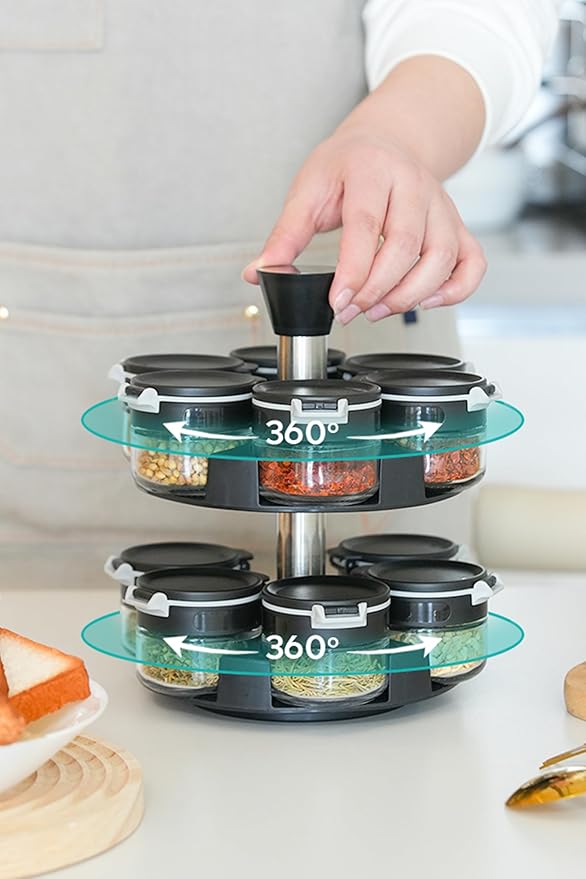 360 rotating 2 tier 12 jars spice rack (12 spice jars) Revolving Seasoning Organizer. Spinning Spice Rack for Counter top and Cabinet