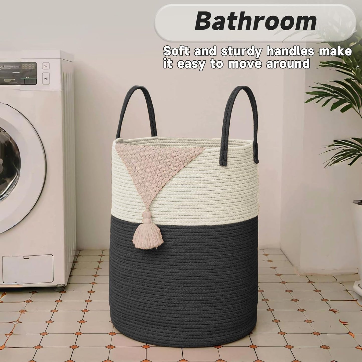 Large Woven Laundry Basket Hamper,60L Cotton Rope Storage Bin for Blankets,Toys and Clothes,Decorative Tall Nursery Hamper for Living Room,Baby Nursery,Bathroom and Bedroom,White and Black