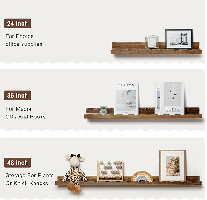 Fun Memories Picture Ledge Shelf for Wall, 24 inch Pine Wood Nursery Book Shelves Set of 2- Wall Book Shelves for Kids Room, Home Decor - Kitchen Spice-Carbonized