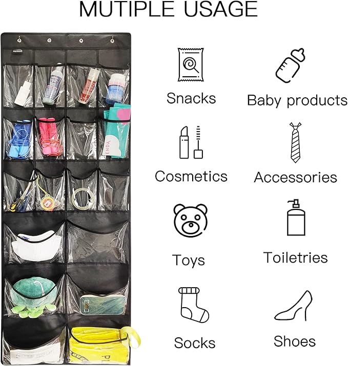 2 Pack Extra Large Hanging Over Door Shoe Organizers,closet shoe organizer shoe rack organizer shoe storage,12+6 Crytal Pockets,8Hooks,black (59"x 21.6")