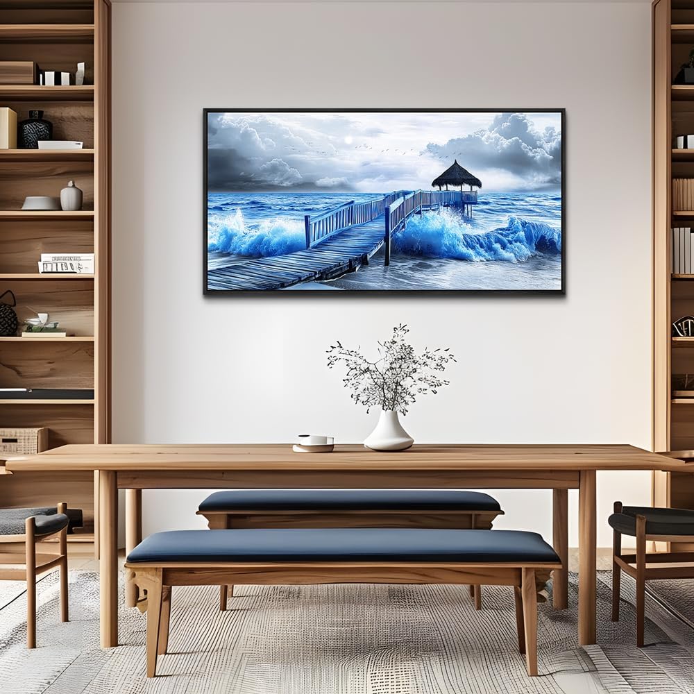ZUITINGHUA Large Black Framed Wall Decor For Living Room Canvas Wall Art For Office Modern Wall Decorations For Bedroom Ocean Landscape Painting Black And White Pictures Artwork Home Decor 24x48 In