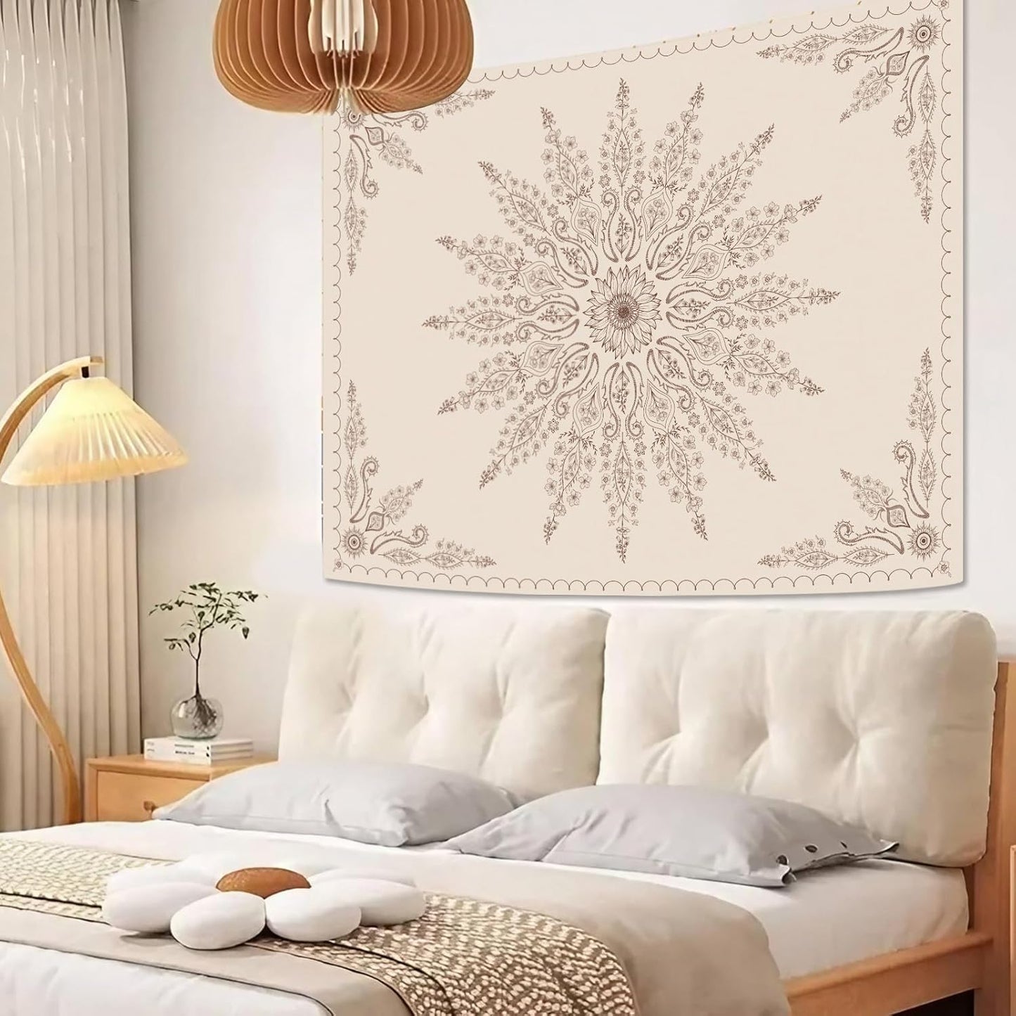 Fowocu Boho Floral Mandala Tapestry for Bedroom Aesthetic Bohemian Flower Wall Tapestry Beige Hippie Indian Small Tapestries Wall Hanging for Living Room Dorm Decor 48 x 36 Inch