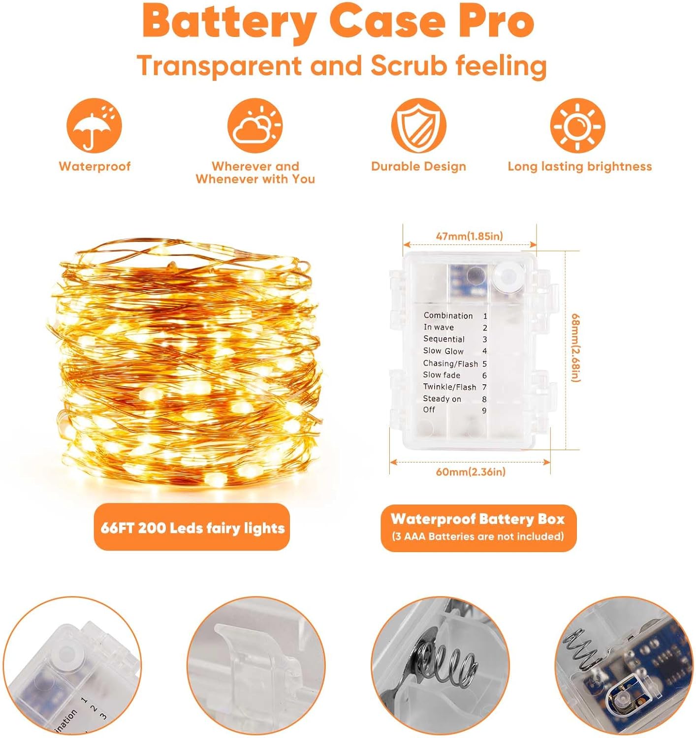 4 Pack 65.6 Ft. Battery Operated Outdoor String Lights with Remote & Timer, LED Warm White Fairy Lights, Waterproof Twinkle Lights for Bedroom, Dorm, Mason Jar, Wedding, Party, Christmas