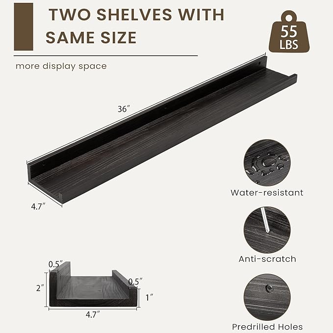 Floating Shelves for Wall, Picture Ledge Shelf 36 Inch Solid Wood Set of 2, Rustic Wall Shelves with Lip, Kids Bookshelf, Photo & Picture Live Edge Floating Shelves for Bedroom, Living Room, Kitchen