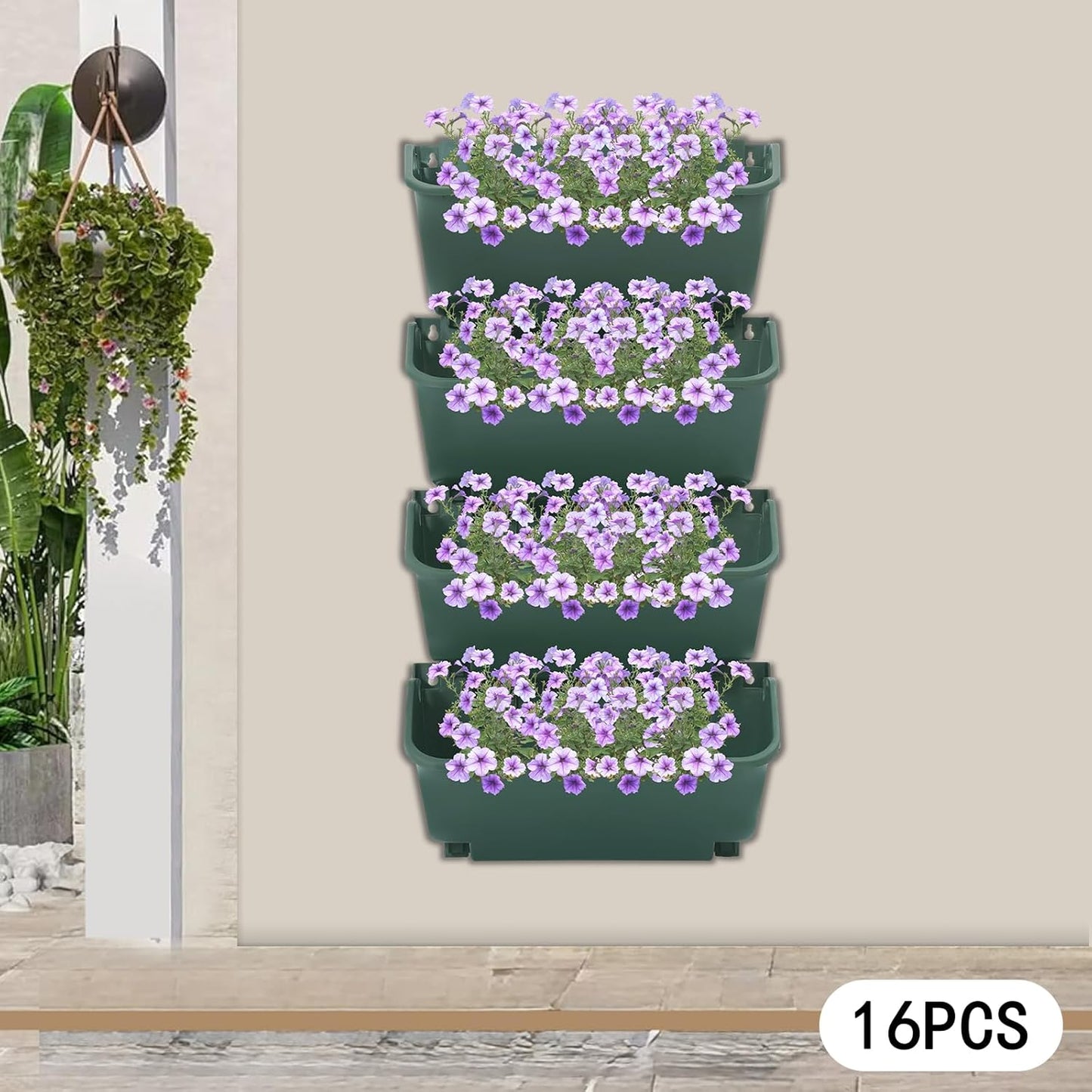 16Pcs Vertical Wall Planter, 13 inch Wall Mounted Garden Planters, Plastic Wall Hanging Planter with Drainage Holes, Wall Planters for Patio Outdoor Decor, Balcony Plant Hanging Flowerpot (Green)