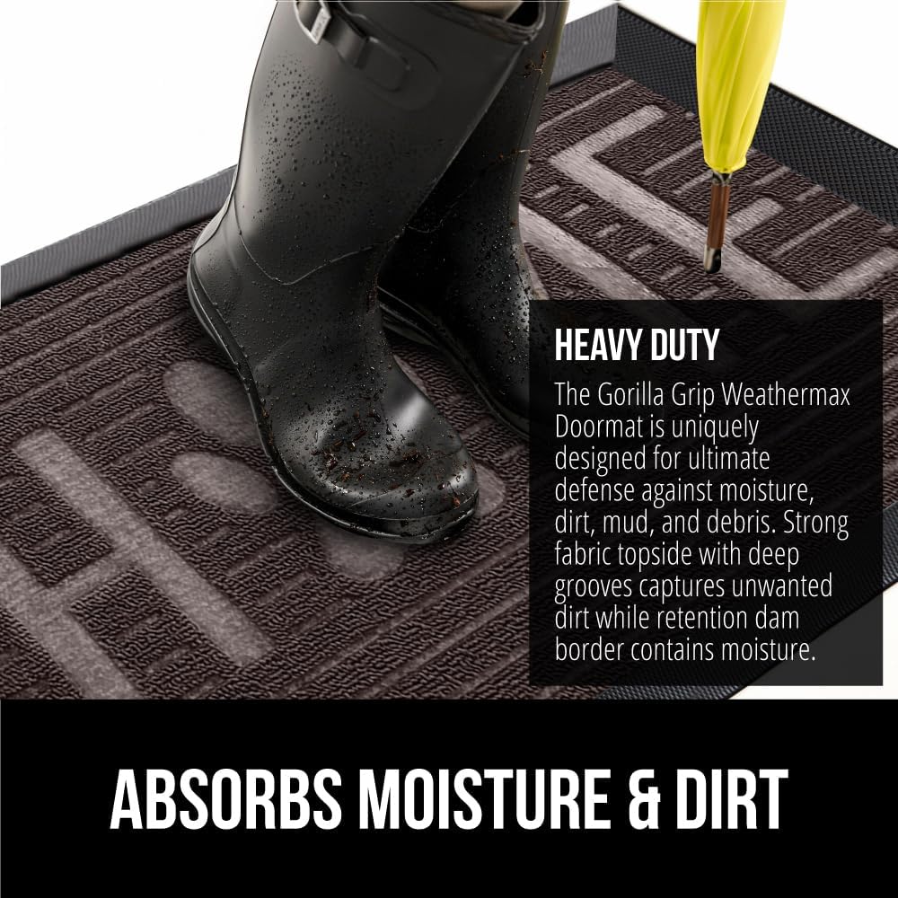 GORILLA GRIP 100% Waterproof All-Season WeatherMax Doormat, 47x35, US Designed Natural Rubber, Stain and Fade Resistant, Low Profile Indoor Outdoor Door Mats, Easy Clean Patio Mat, Espresso Home Paw