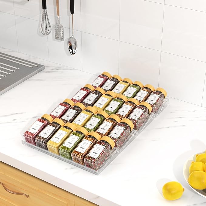 24 Spice Jars with Spice Drawer Organizer, 355 Spice Labels, 4 Pack Expandable From 11'' to 21'' Acrylic Spice Rack for Drawer, Seasoning Containers Storage Organization for Kitchen Cabinet Countertop