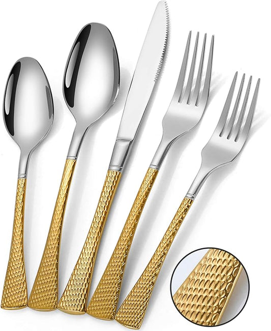 Hammered Silver Gold Silverware Set,20 Piece Modern Flatware Set Service for 4,Mirror Polished Stainless Steel Cutlery Set Utensil Set Tableware,Kitchen Knives Forks Spoons Set,Dishwasher Safe