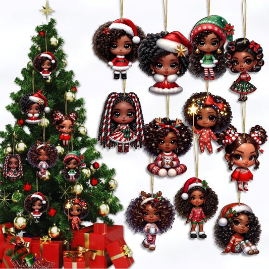 16pcs African American Black Chibi Girl Ornaments - Xmas/Christmas Wooden Decor, Gift Boxed for New Year/Carnival | Home/Window/Tree/Office/Classroom/Wine Bottle Party Deco, Black Heritage Pendants