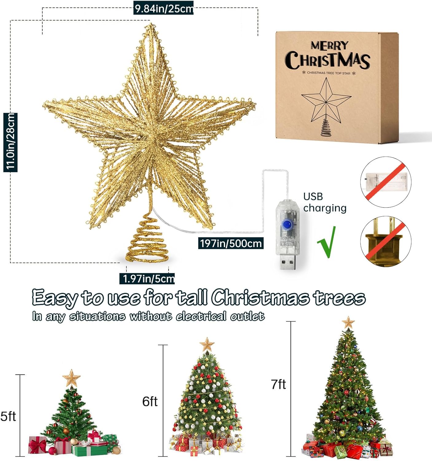 Gold Christmas Tree Topper Star with 50 Warm LED Lights 8 Lighting Modes Timer, Tradition Glitter Star Tree Topper for Christmas Tree Decorations and Xmas Holiday Seasonal Decor