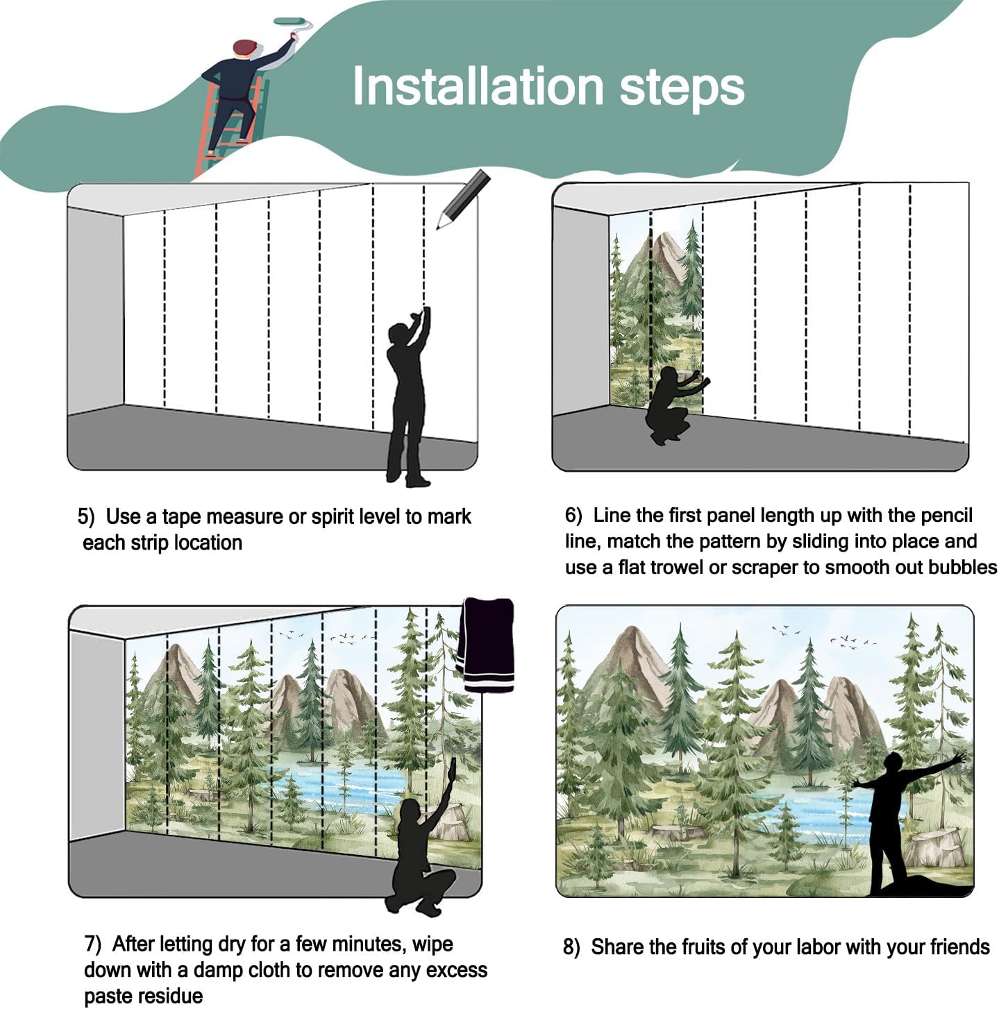 -Watercolor Green Pine Mural Cartoon Forest Fabric Wallpaper Children's Room 180" x 115"(Not Peel and Stick)