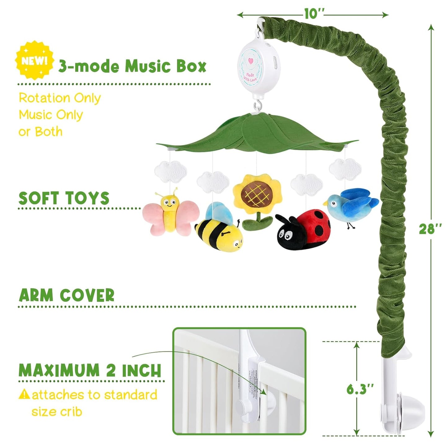 Garden Friends Crib Mobile – Baby Mobile for Crib with Upgraded 3-Mode Music Box, Colorful Baby Mobile with Butterfly, Bee and Bird for Boys & Girls, Nursery Mobiles, Fits Standard Cribs