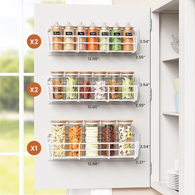 5 Pack Spice Rack Seasoning Organizer Wall Mount, Screw or Adhesive Hanging Shelf Basket Spice Organizer Shelf for Kitchen, White
