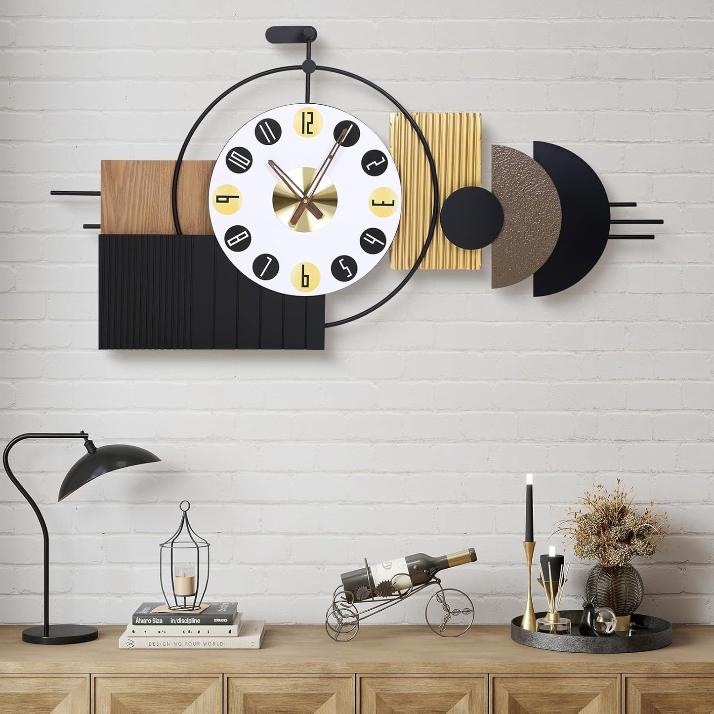 Oversized Modern Wall Clocks-Large Geometric Dial Wall Clock Battery Operated,Wood Metal Frame Big Clock Silent Non Ticking,for Living Room, Bedroom,Kitchen,Farmhouse,Office -42X21.6 Inch