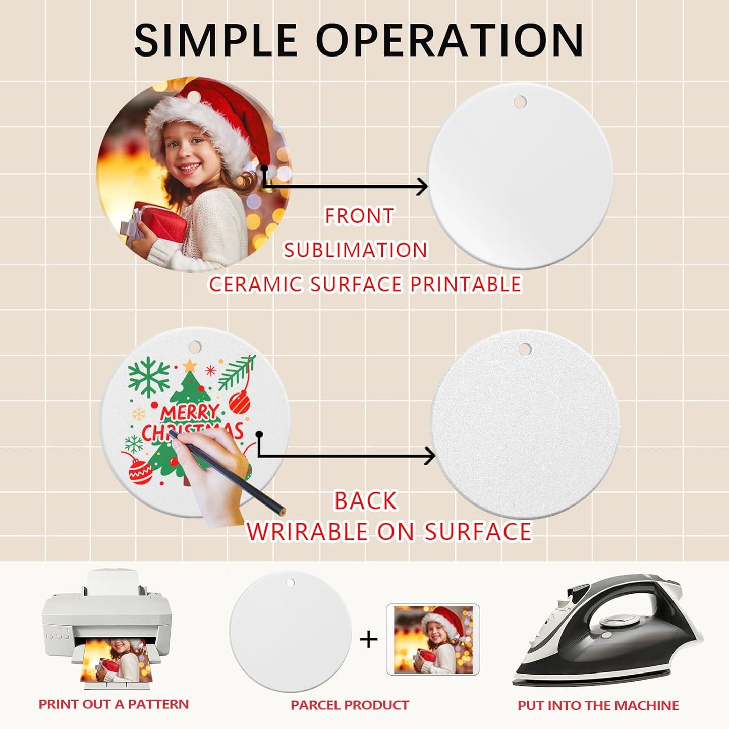 10 PCS Ceramic Sublimation Ornament Blanks Bulk 3 Inch White Round Crafts DIY Personalized Printed Christmas Home Porcelain Paintable Decorate