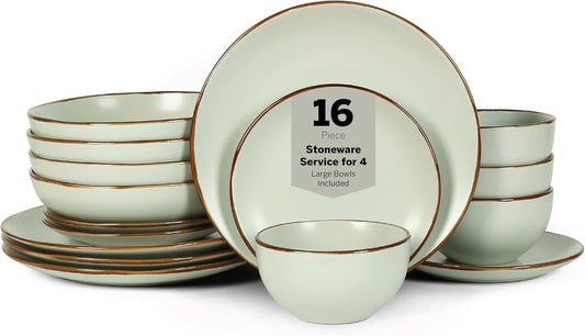Stone Lain, Stoneware, Service for 4, Light Green, Plates and Bowls Sets, Dinnerware Set with 4 Dinner - & 4 Salad Plates, 4 Pasta - & 4 Round Bowls, Dishwasher & Microwave Safe, 16-Piece