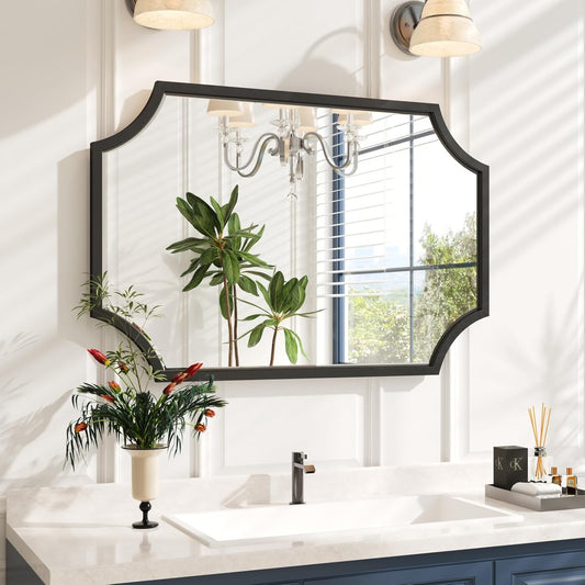 Kelly Miller Scalloped Black Bathroom Mirror for Wall, 24"x36" Black Mirror Decorative Wall Mirror Art Framed Mirror Bevelled for Master Bath Half Bath Living Room Fireplace Mantle Entryway Hallway