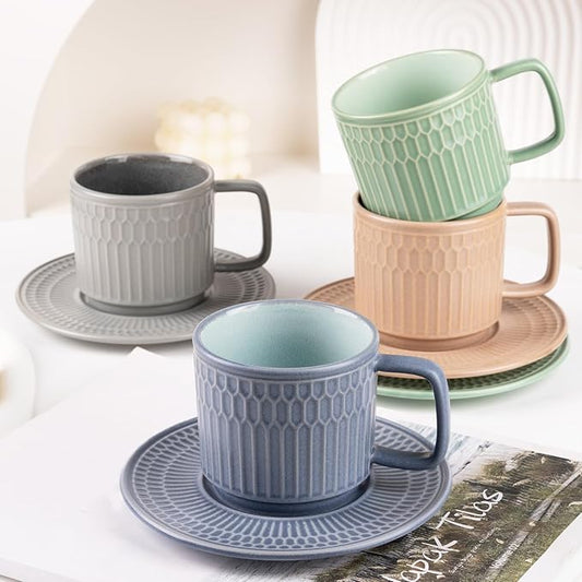 Large Cappuccino Cups with Saucers Set of 4, 8 Ounce Stackable Embossed Ceramic Coffee Mugs for Specialty Coffee Drinks, Latte, Cafe Mocha and Tea, Dishwasher & Microwave Safe (Mix)