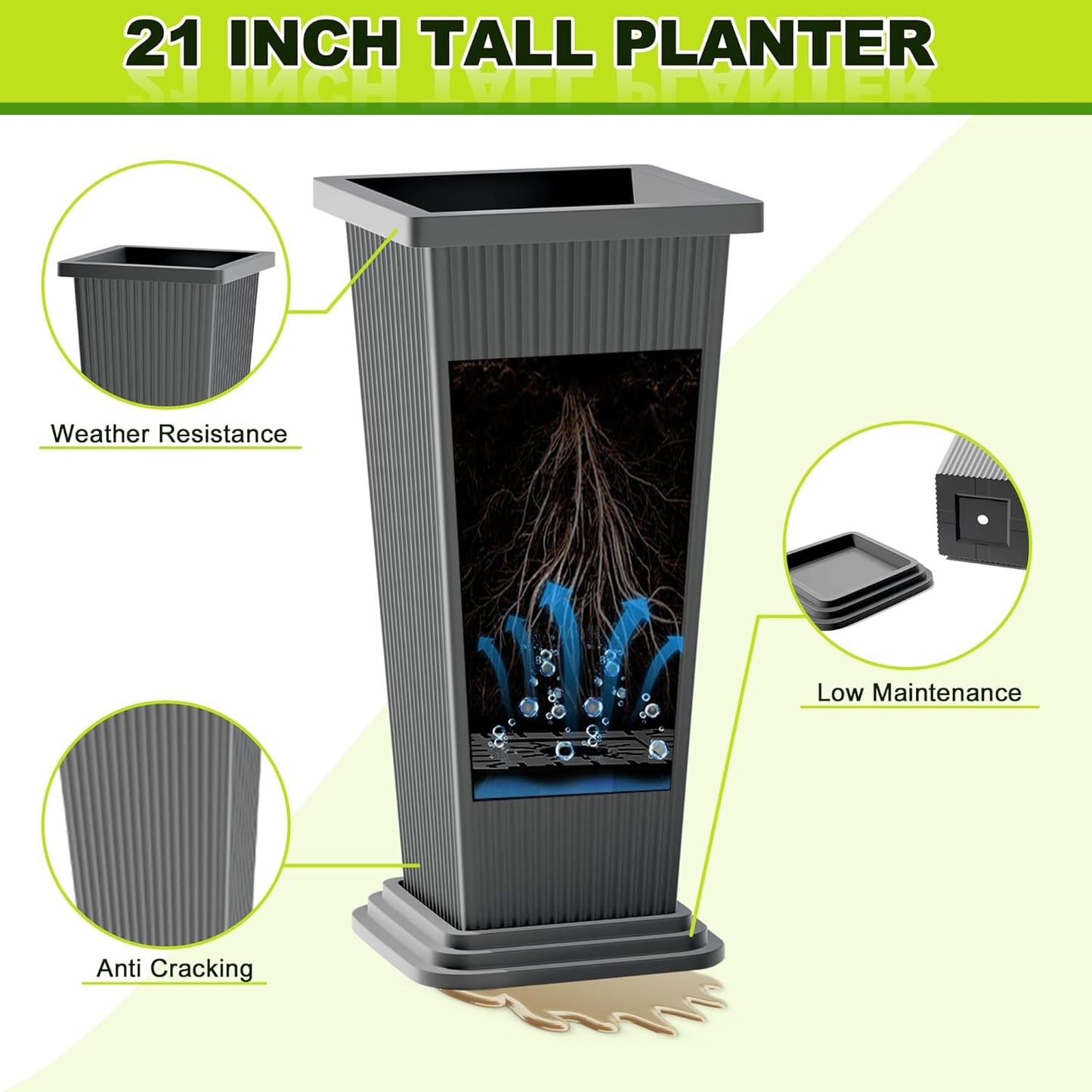 FENCY Set of 2 Tall Planters for Outdoor Plants, 24 Inch Large Tapered Pots with Drainage Trays, Weather-Resistant Plastic Plant Containers for Patio, Porch, Garden, Front Door Decor,Gray,Striped