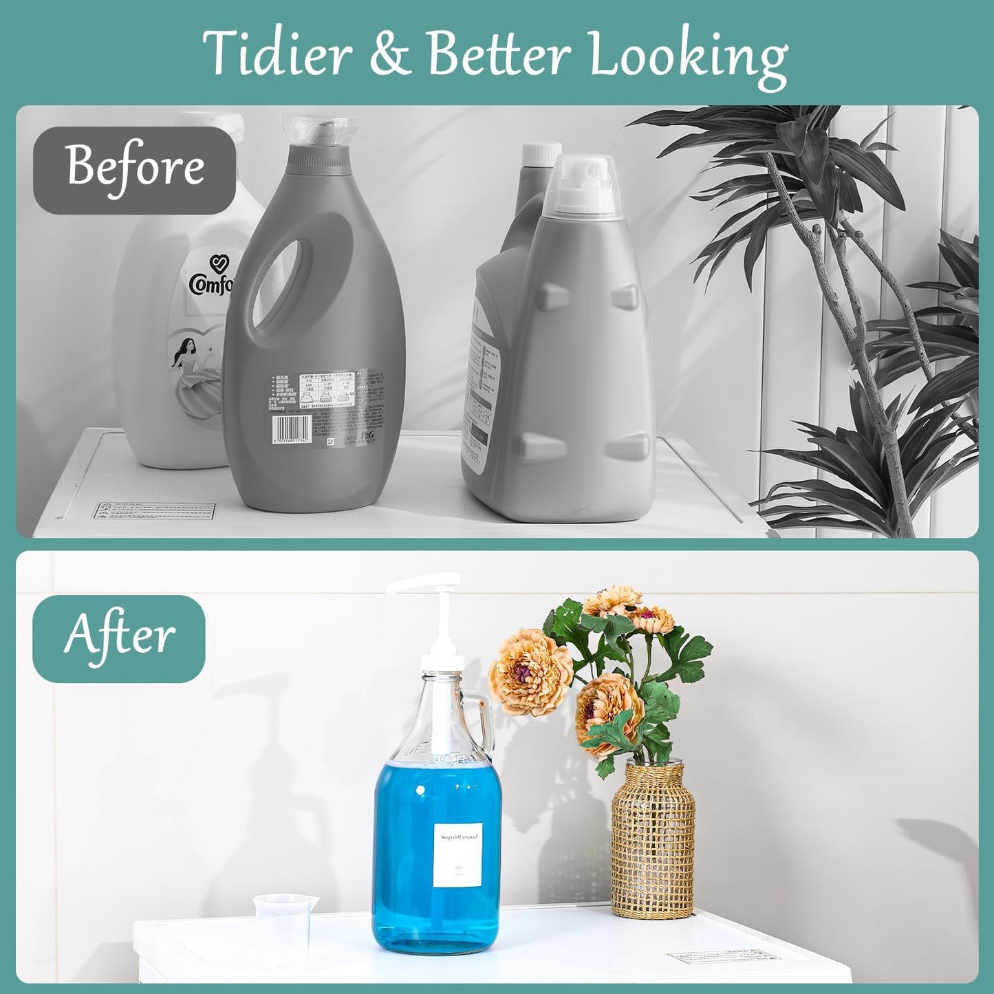 Glass Laundry Detergent Dispenser with Pump, 64OZ Liquid Laundry Soap Dispenser, Fabric Softener Dispenser Bottle for Laundry Room Organization and Storage, 2 Pack