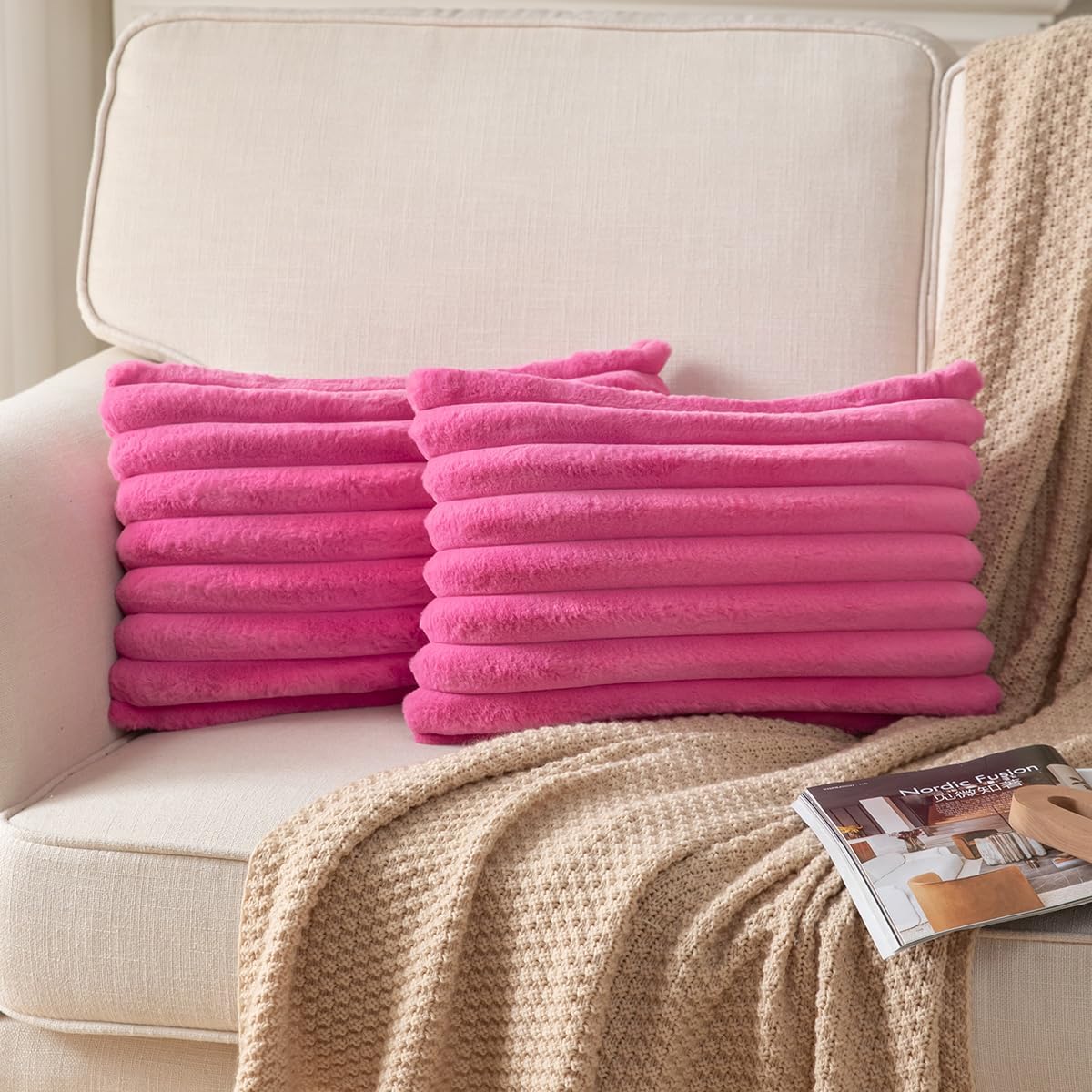 DEELAND Pack of 2,Double-Sided Faux Fur Plush Decorative Throw Pillow Covers Fuzzy Striped Soft Pillowcase Cushion Covers for Sofa Couch Bedroom